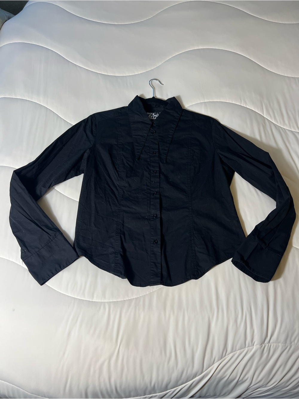Black Button-Up Shirt with Exaggerated Collar-Points